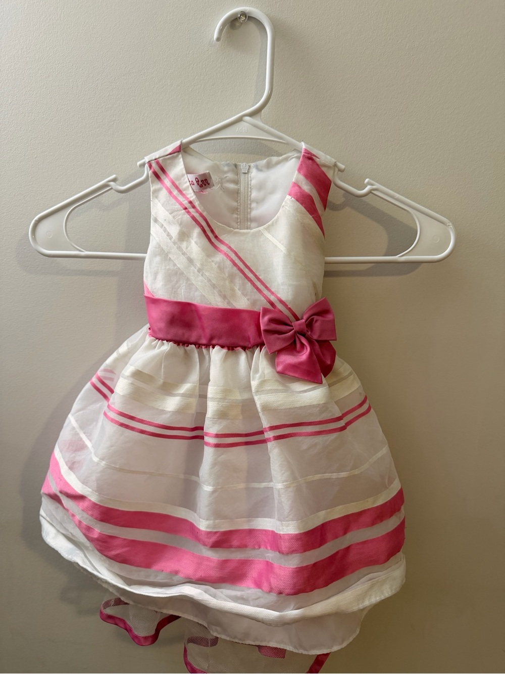 18-24 month girl Jessica Ann White and Pink Striped Formal Dress with Bow